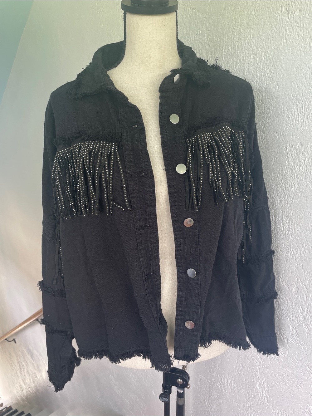 The Post NWOT Tiny Rhinestone Stud Fringe Black Cotton Denim Jacket -Shirt Mediu